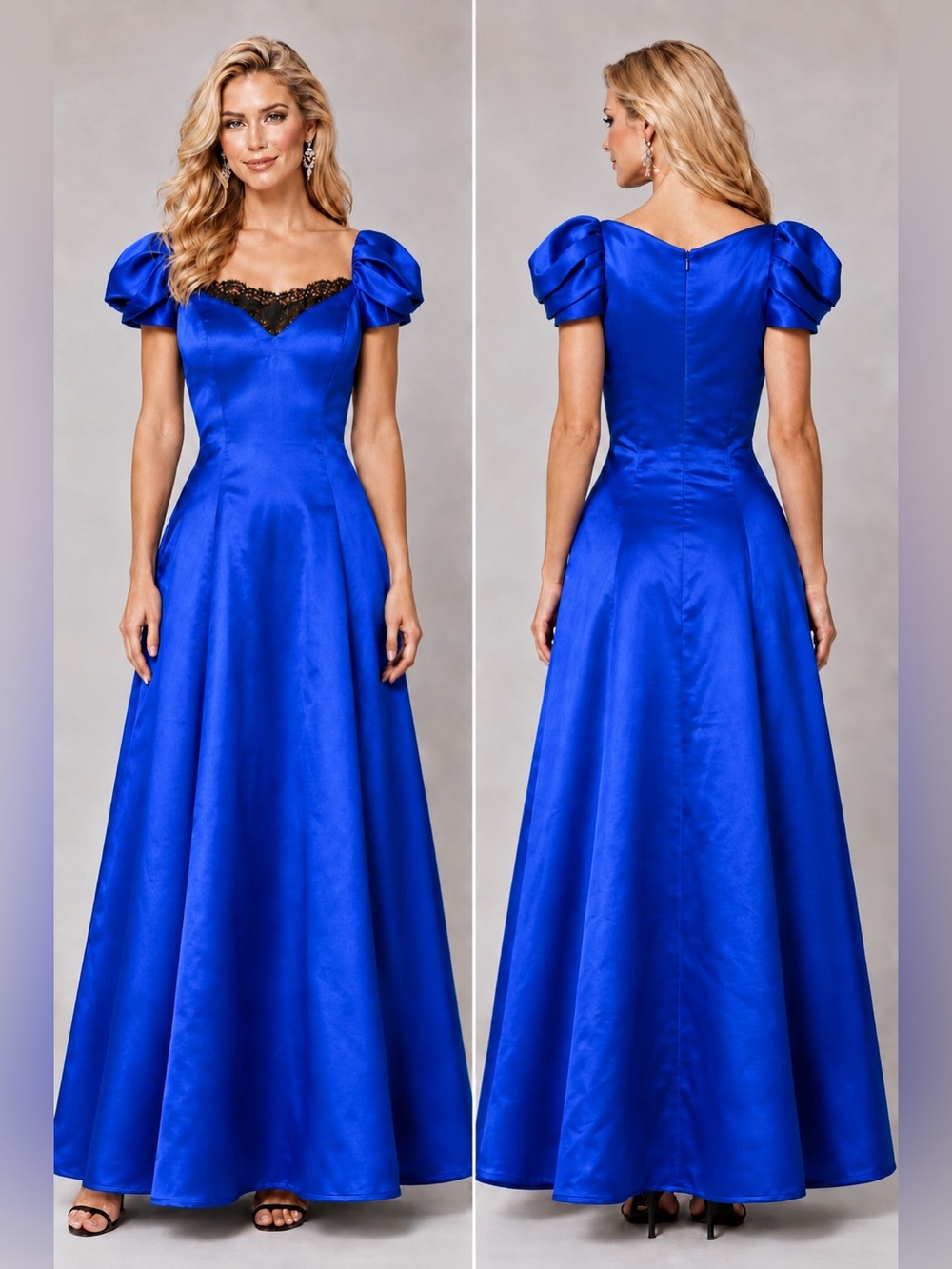 Vintage Scott McClintock Royal Blue Satin
Lace Off-Shoulder/Cap Sleeve Gown, S